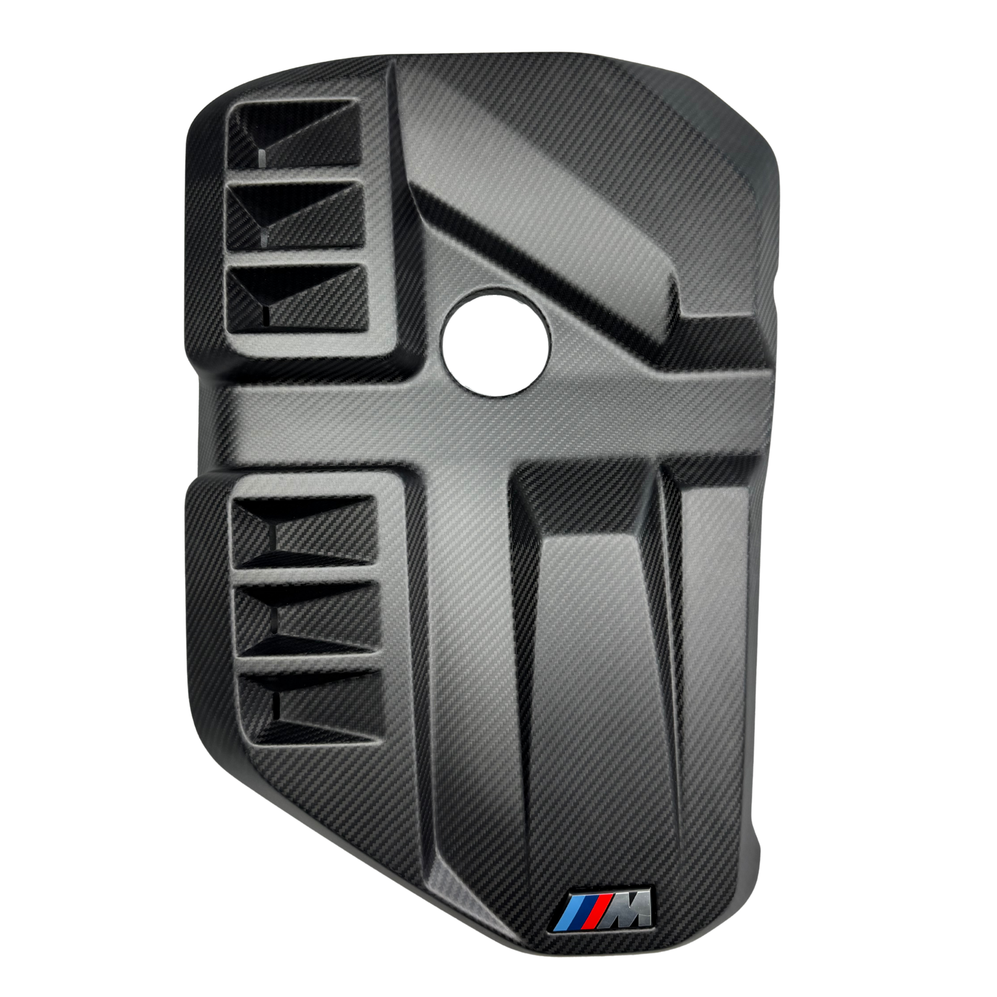 Carbon fiber car part with BMW logo on a white background