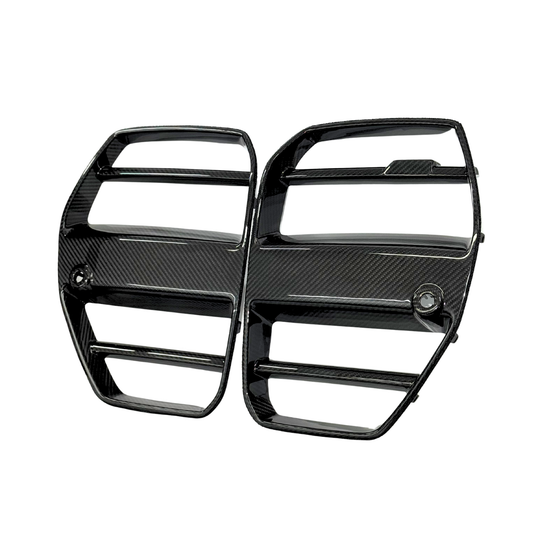 Pair of black car grille inserts on a white background