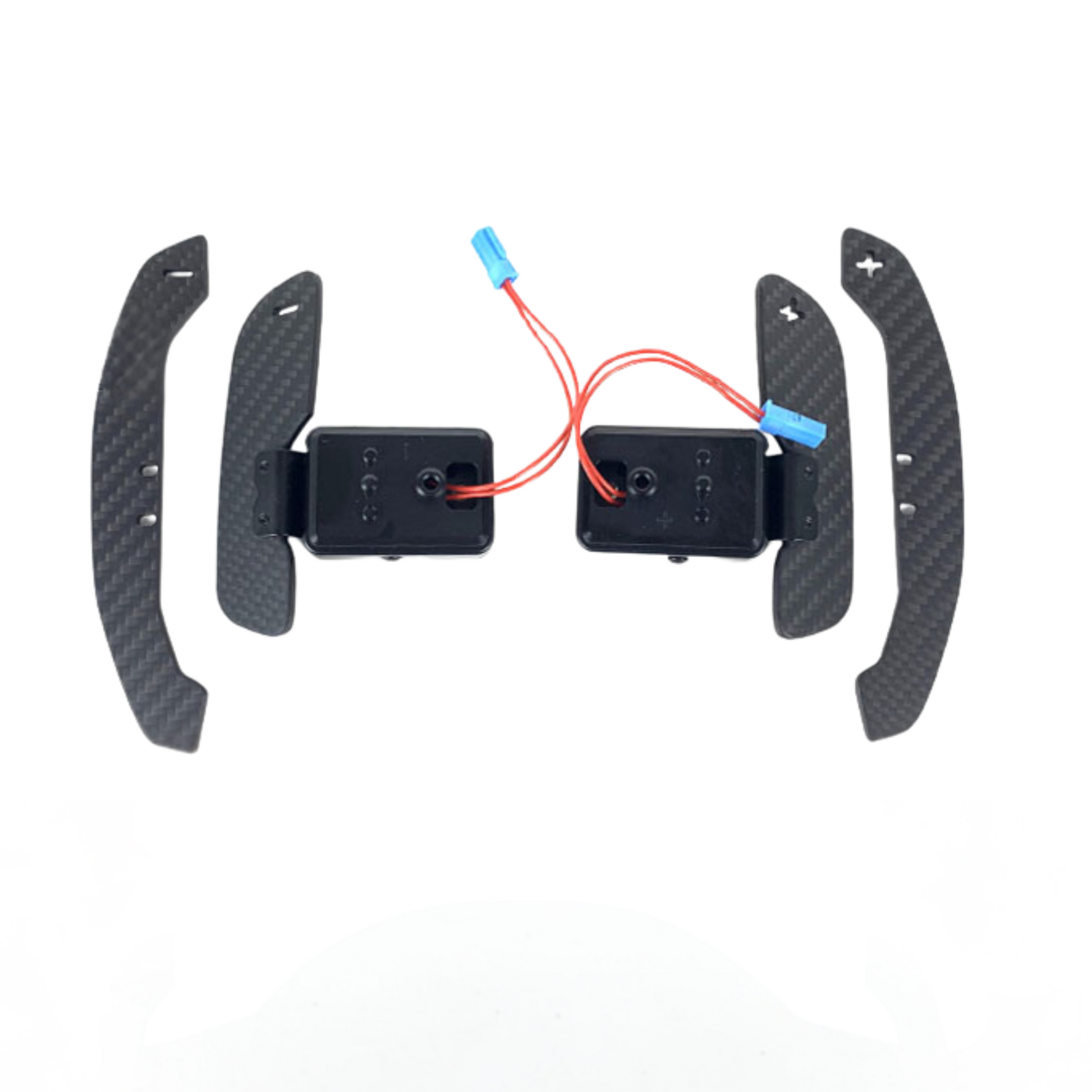 Carbon fiber winglets with electronic components on a white background