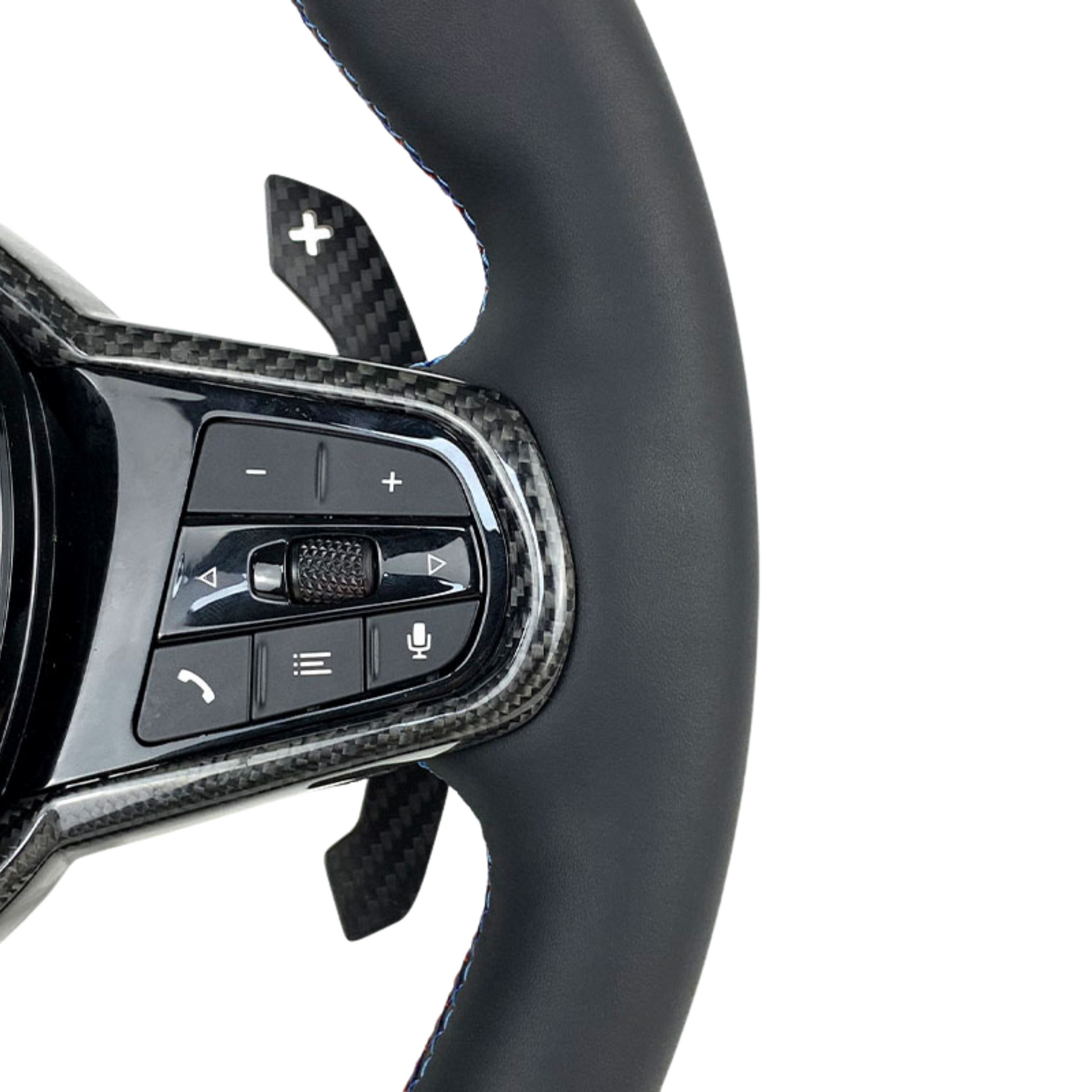 Car steering wheel with control buttons on a white background