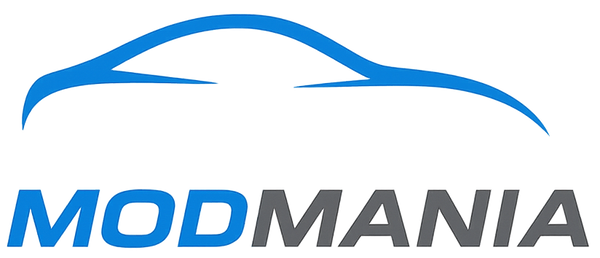 ModMania logo with a blue car silhouette on a white background